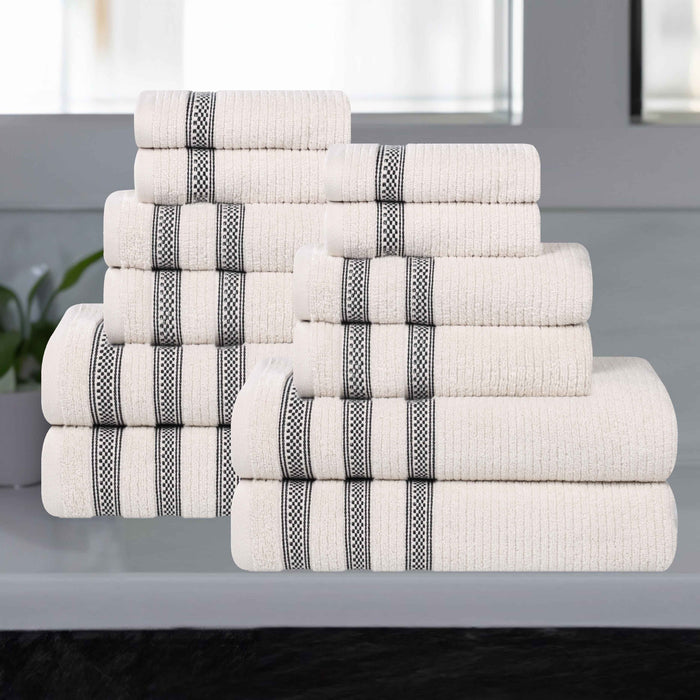 Zero Twist Cotton Ribbed Geometric Border Plush 12 Piece Towel Set