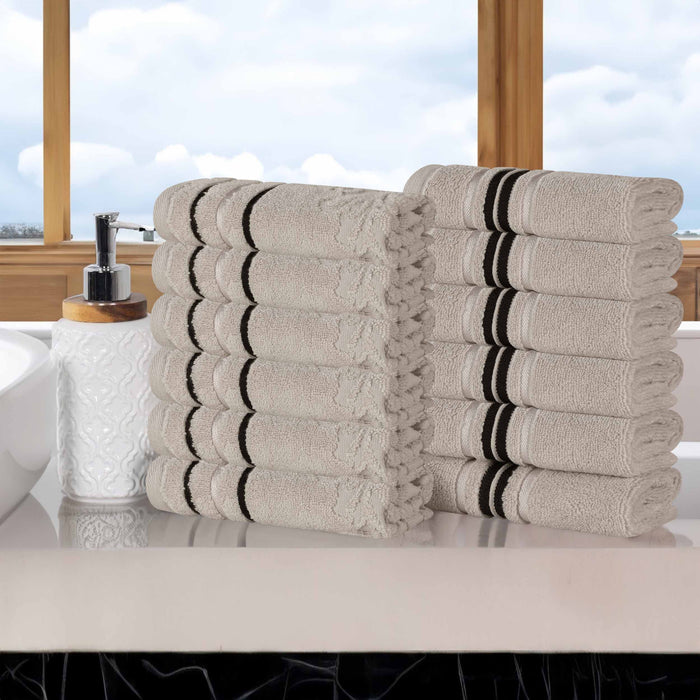 Sadie Zero Twist Cotton Solid Jacquard Floral Face Towel Set of 12 - Stone