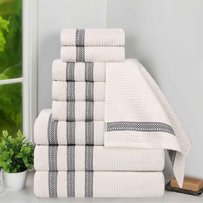 Zero Twist Cotton Ribbed Geometric Border Plush 9 Piece Towel Set - Blue Nile Mills