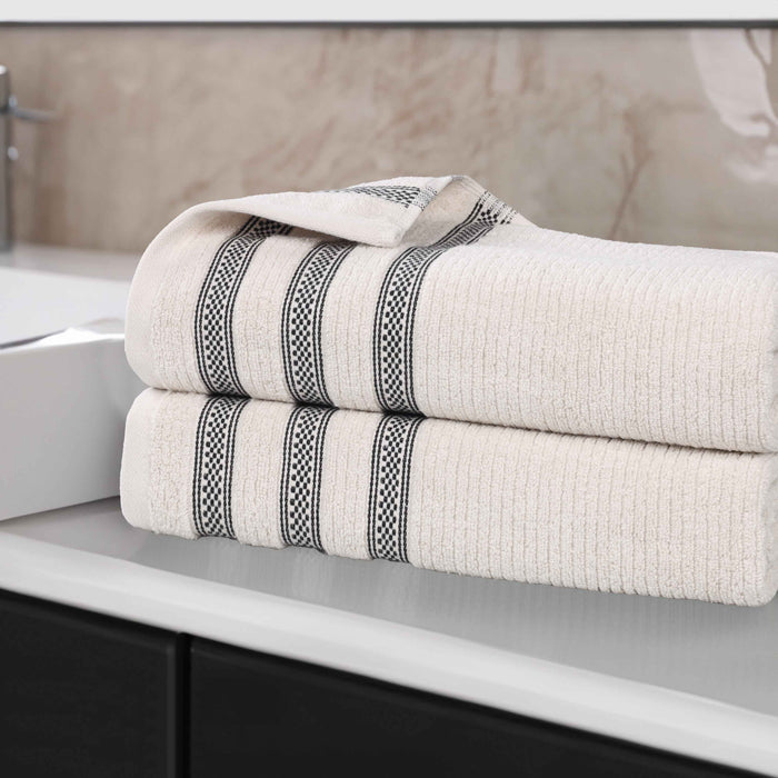 Zero Twist Cotton Ribbed Geometric Border Plush Bath Sheet Set of 2