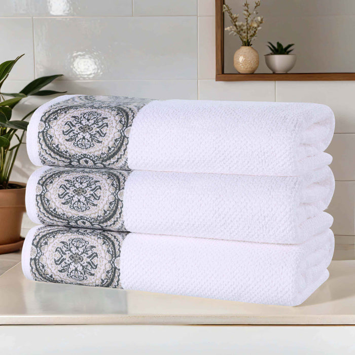 Medallion Cotton Jacquard Textured Bath Towels, Set of 3 - Stone