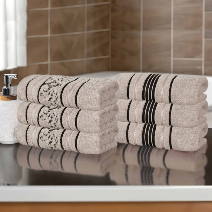 Sadie Zero Twist Cotton Solid Jacquard Floral Hand Towel Set of 6 - Stone