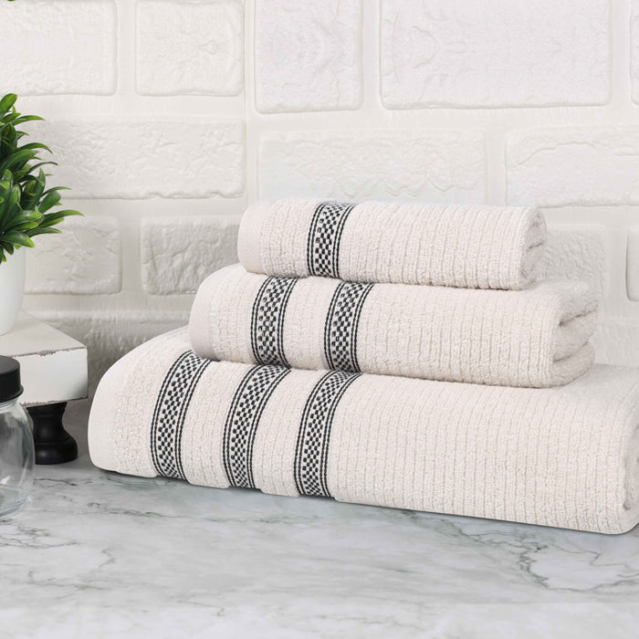 Zero Twist Cotton Ribbed Geometric Border Plush 3 Piece Towel Set