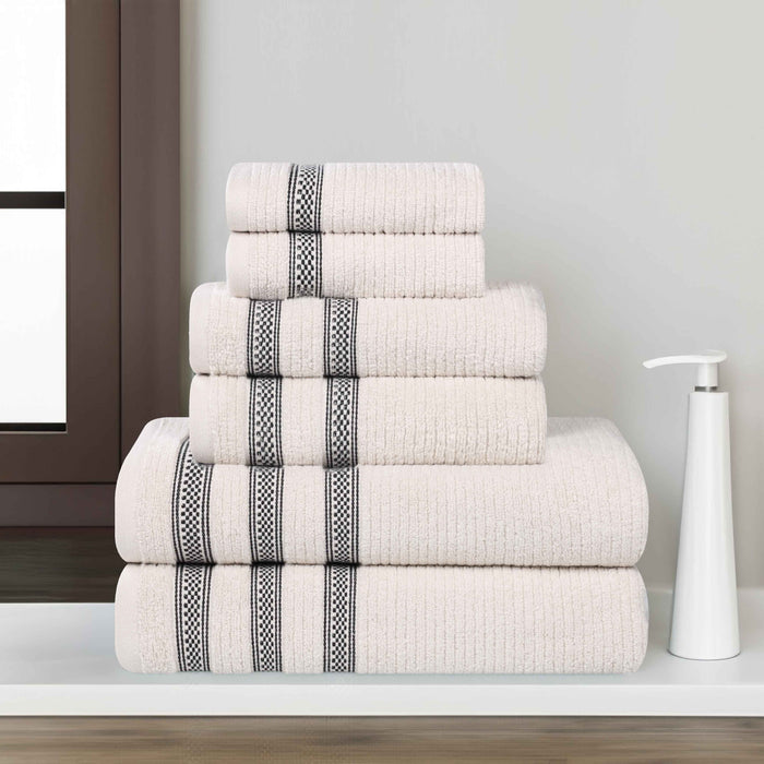 Zero Twist Cotton Ribbed Geometric Border Plush 6 Piece Towel Set