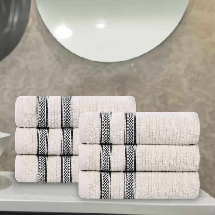 Zero Twist Cotton Ribbed Geometric Border Plush Hand Towel Set of 6