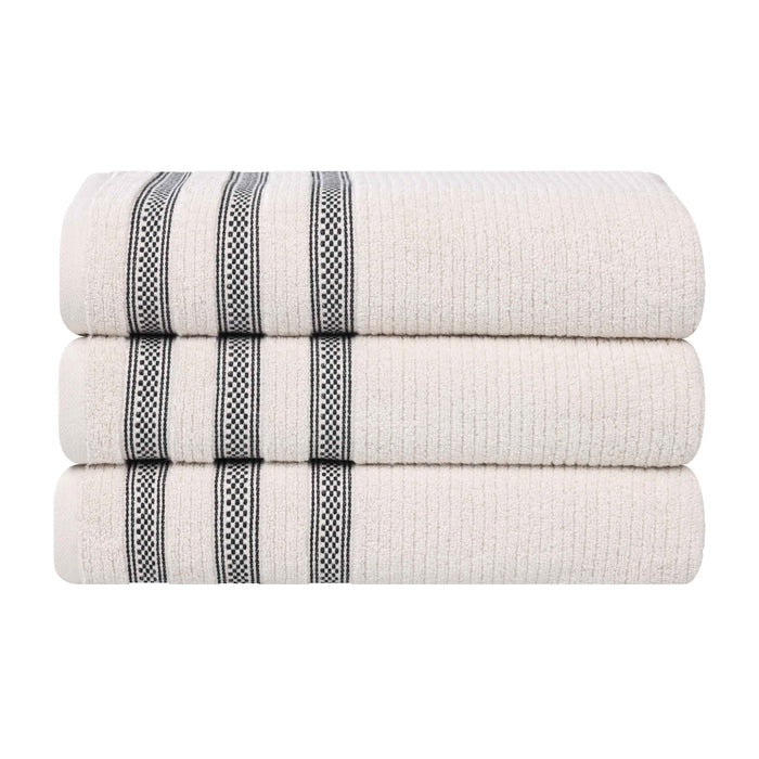 Zero Twist Cotton Ribbed Geometric Border Plush Bath Towel Set of 3