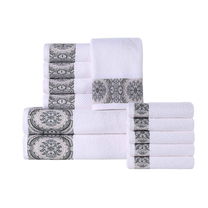 Medallion Cotton Jacquard Textured 12 Piece Assorted Towel Set - Stone