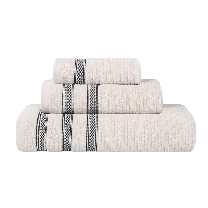 Zero Twist Cotton Ribbed Geometric Border Plush 3 Piece Towel Set