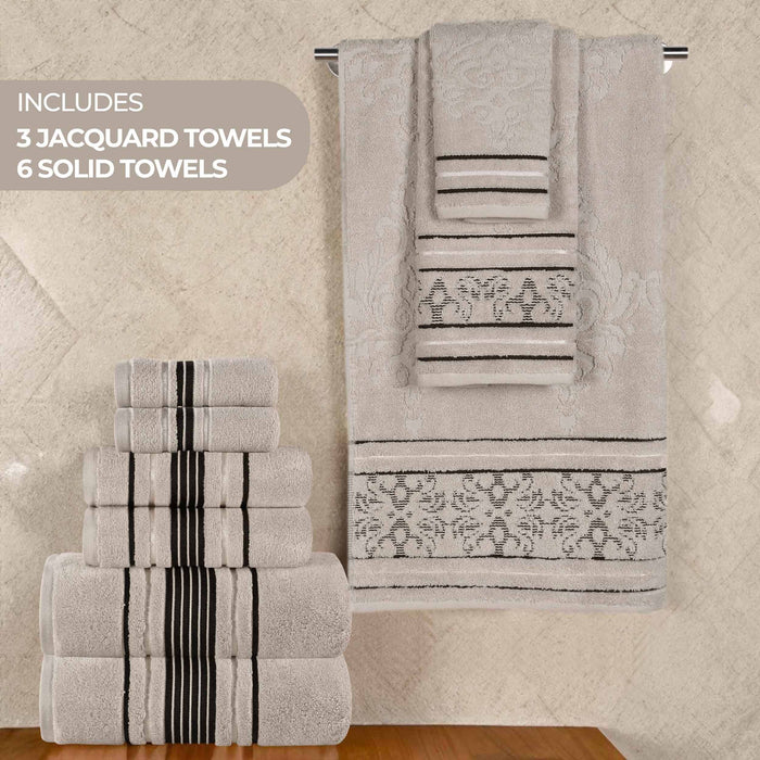 Sadie Zero Twist Cotton Solid and Jacquard Floral 9 Piece Towel Set