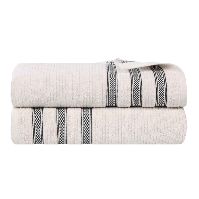 Zero Twist Cotton Ribbed Geometric Border Plush Bath Sheet Set of 2