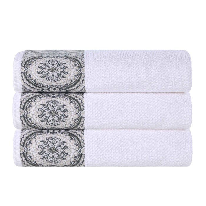 Medallion Cotton Jacquard Textured Bath Towels, Set of 3 - Stone