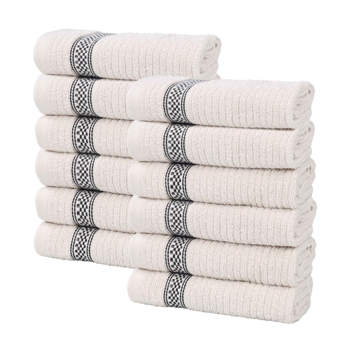 Zero Twist Cotton Ribbed Geometric Border Plush Face Towel Set of 12