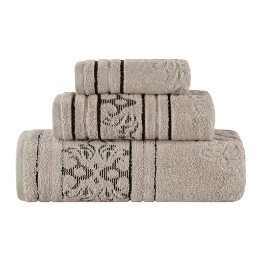 Sadie Zero Twist Cotton Floral Motif 3 Piece Jacquard Towel Set - Stone