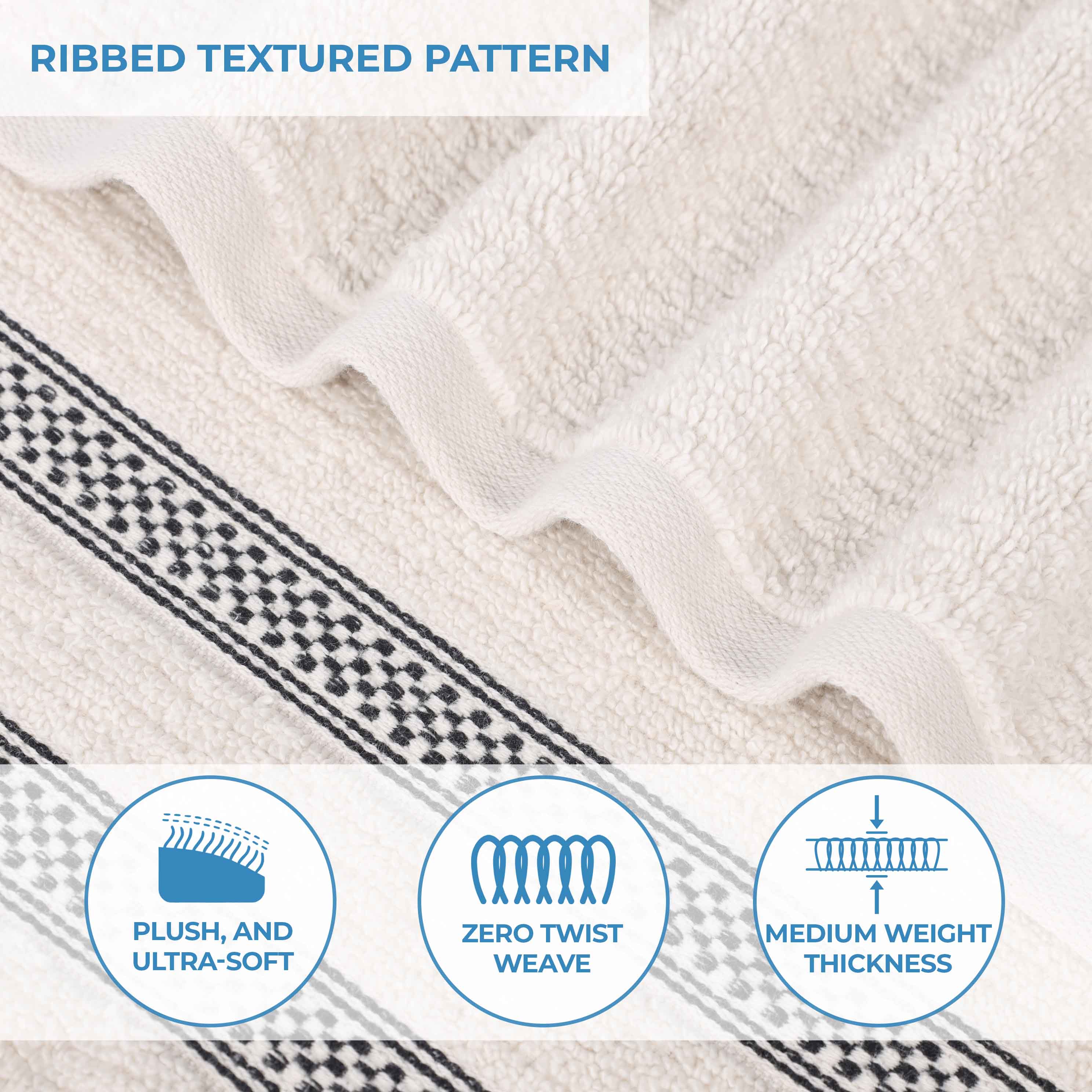 Zero Twist Cotton Ribbed Geometric Border Plush 9 Piece Towel Set - Blue Nile Mills