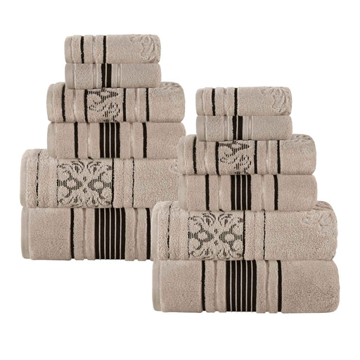 Sadie Zero Twist Cotton Solid Jacquard Floral Motif 12 Piece Towel Set - Stone