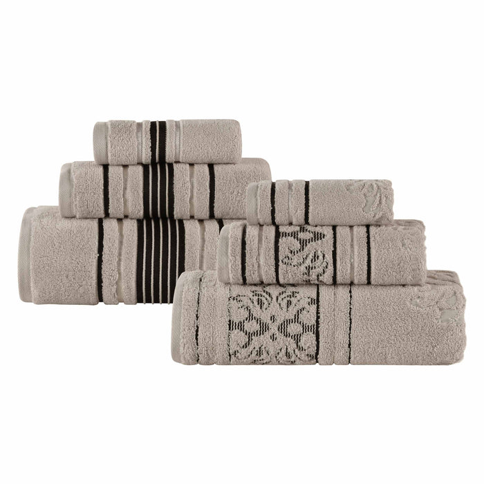 Sadie Zero Twist Cotton Solid Jacquard Floral Motif 6 Piece Towel Set - Stone