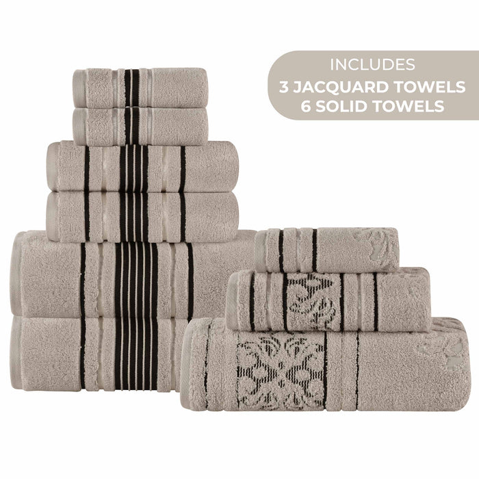 Sadie Zero Twist Cotton Solid and Jacquard Floral 9 Piece Towel Set