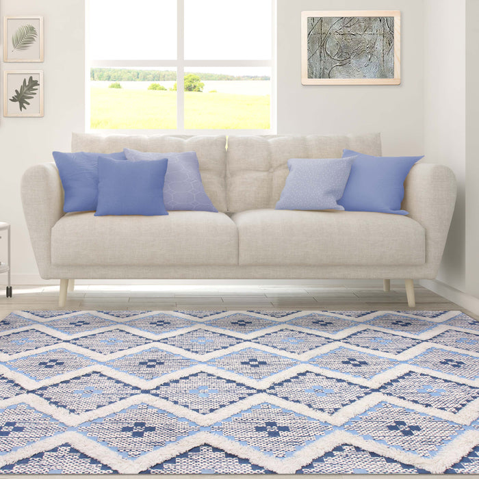 Talluah Hand-Tufted Cotton/Wool Textured Geometric Farmhouse Area Rug - Stone Blue/Midnight Blue