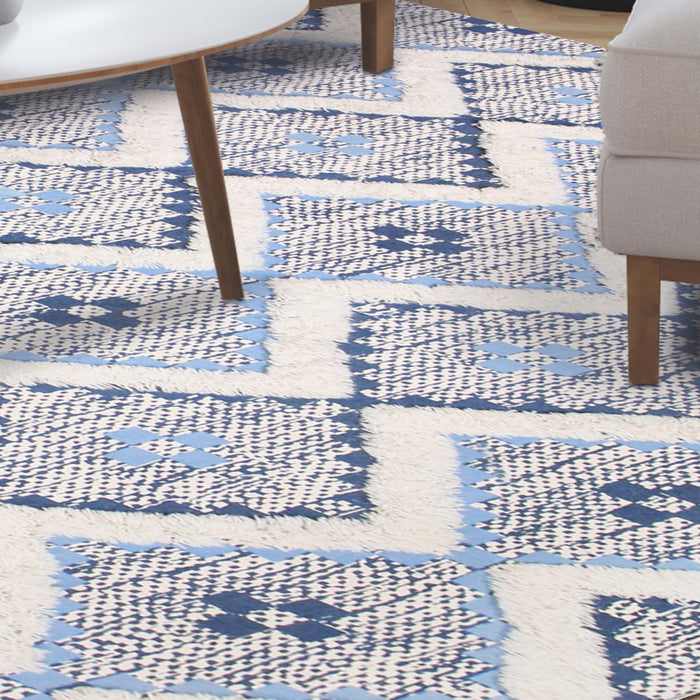 Talluah Hand-Tufted Cotton/Wool Textured Geometric Farmhouse Area Rug - Stone Blue/Midnight Blue