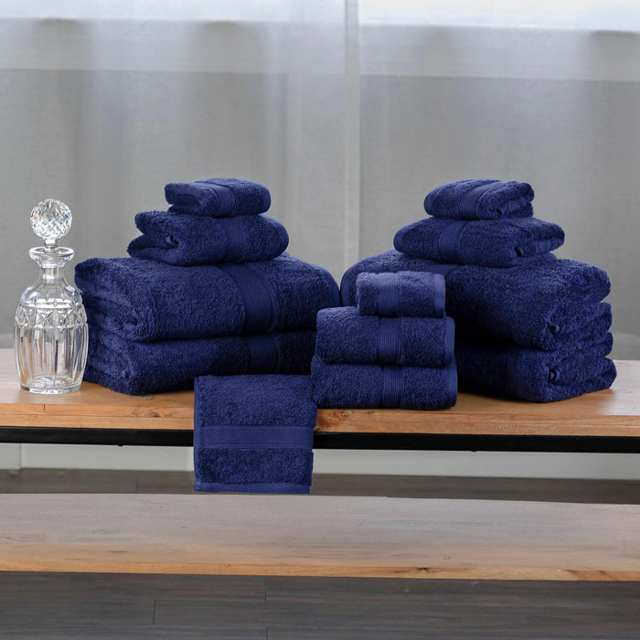 Organic Cotton Plush Solid Assorted 12 Piece Towel Set - NavyBlue