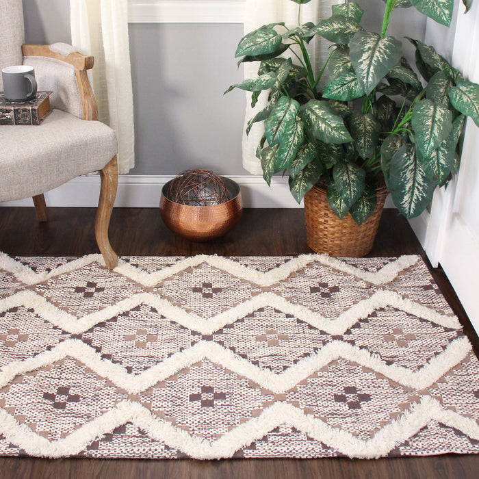 Talluah Hand-Tufted Cotton/Wool Textured Geometric Farmhouse Area Rug - Tan/Chocolate