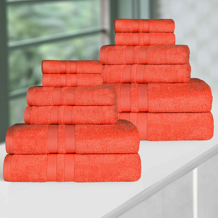 Ultra-Soft Cotton Absorbent Quick-Drying 12 Piece Assorted Towel Set - Tangerine