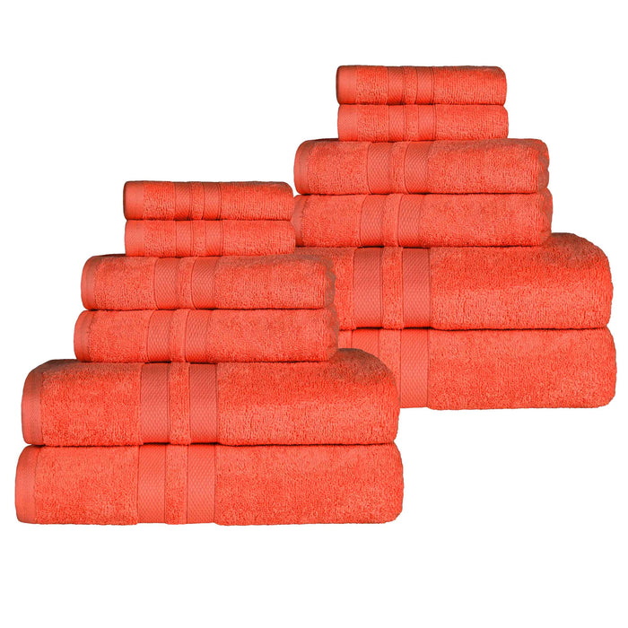 Ultra-Soft Cotton Absorbent Quick-Drying 12 Piece Assorted Towel Set - Tangerine