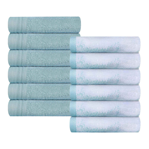 Cotton Quick-Drying Solid and Marble Face Towel Set of 12 - Teal