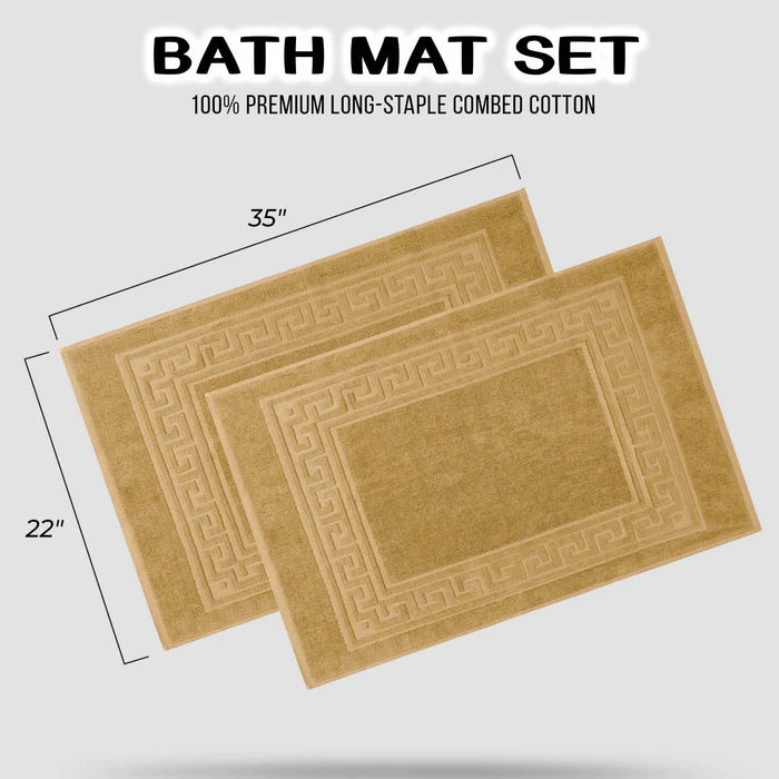 Cotton 2 Piece Greek Key Border Super Absorbent Bath Mat Set - Toast