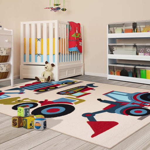 Country Trucking Non-Slip Kids Indoor Washable Area Rug - Ivory