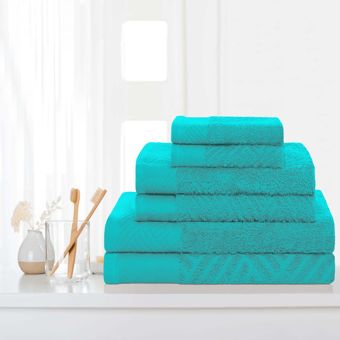 Basketweave Jacquard and Solid 6-Piece Egyptian Cotton Towel Set - Turquoise
