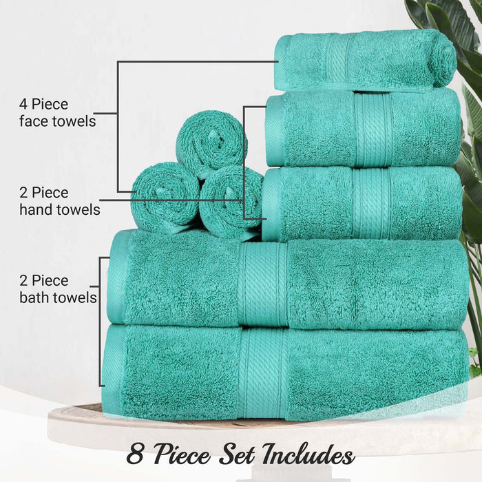 Egyptian Cotton Pile Plush Heavyweight Absorbent 8 Piece Towel Set - Turquoise