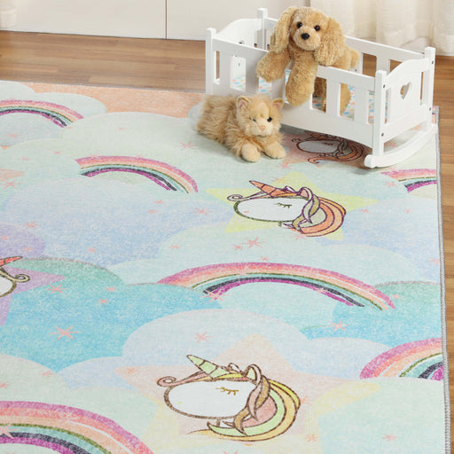 Unicorn Rainbow Colorful Kids Playroom Nursery Indoor Area Rug - Turquoise