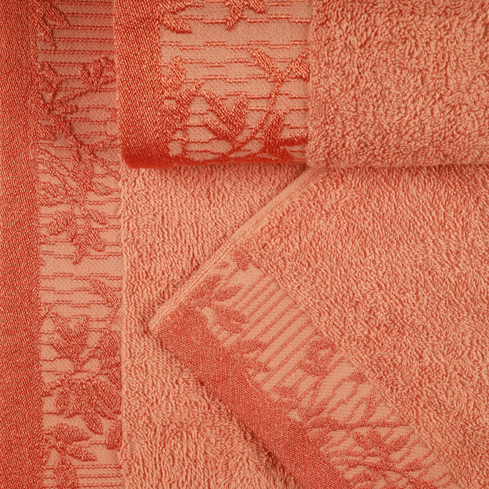 Wisteria Cotton Bath Towel Set with Floral Bohemian Embroidered Jacquard Border (Set of 2) - Mandarin