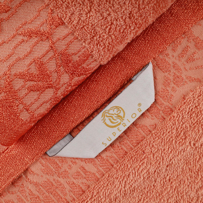 Wisteria Cotton Bath Towel Set with Floral Bohemian Embroidered Jacquard Border (Set of 2) - Mandarin