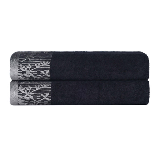 Wisteria Cotton Bath Towel Set with Floral Bohemian Embroidered Jacquard Border (Set of 2) - Black