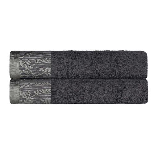 Wisteria Cotton Bath Towel Set with Floral Bohemian Embroidered Jacquard Border (Set of 2) - Gray