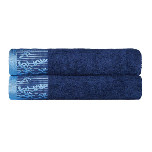 Wisteria Cotton Bath Towel Set with Floral Bohemian Embroidered Jacquard Border (Set of 2) - Navy Blue
