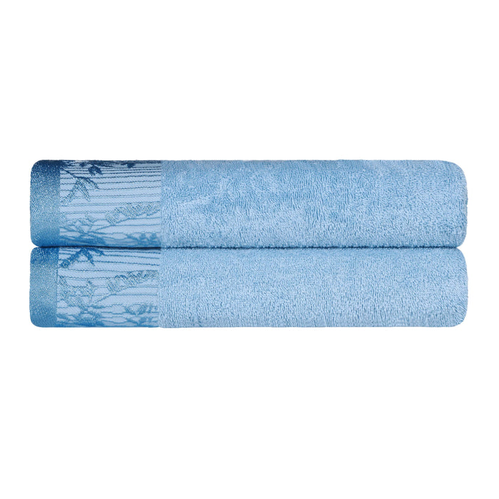 Wisteria Cotton Bath Towel Set with Floral Bohemian Embroidered Jacquard Border (Set of 2) - Waterfall Blue