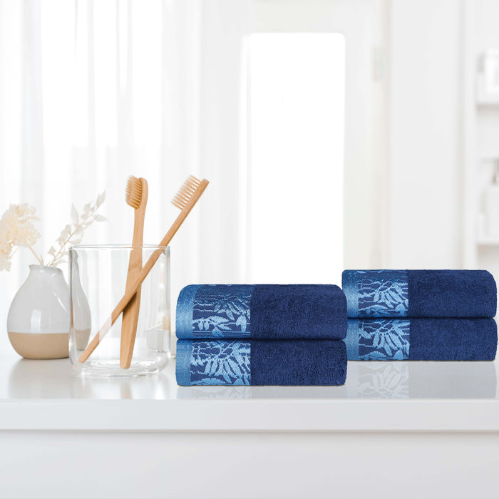 Wisteria Cotton Hand Towel Set with Floral Bohemian Embroidered Jacquard Border (Set of 4) - Navy Blue