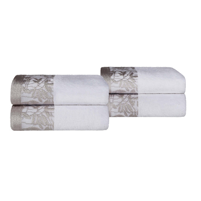 Wisteria Cotton Hand Towel Set with Floral Bohemian Embroidered Jacquard Border (Set of 4) - White