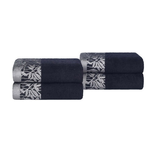 Wisteria Cotton Hand Towel Set with Floral Bohemian Embroidered Jacquard Border (Set of 4) - Black