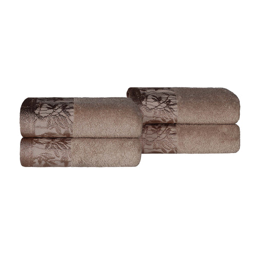 Wisteria Cotton Hand Towel Set with Floral Bohemian Embroidered Jacquard Border (Set of 4) - Frappe Brown