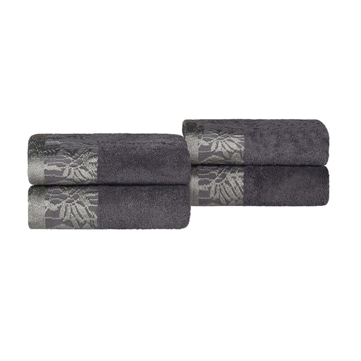 Wisteria Cotton Hand Towel Set with Floral Bohemian Embroidered Jacquard Border (Set of 4) - Gray