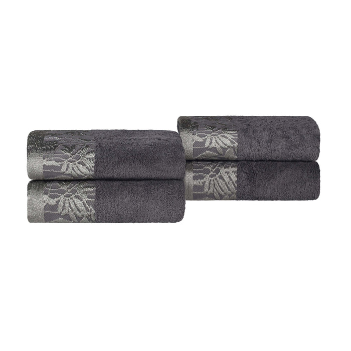 Wisteria Cotton Hand Towel Set with Floral Bohemian Embroidered Jacquard Border (Set of 4)