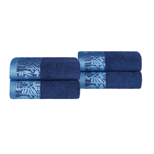 Wisteria Cotton Hand Towel Set with Floral Bohemian Embroidered Jacquard Border (Set of 4) - Navy Blue