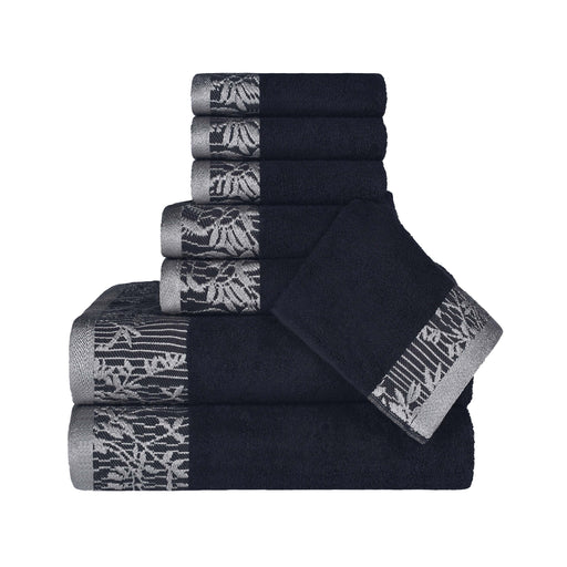 Wisteria Cotton 8-Piece Assorted Towel Set with Floral Bohemian Embroidered Jacquard Border -  Black