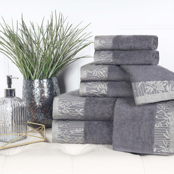 Wisteria Cotton 8-Piece Assorted Towel Set with Floral Bohemian Embroidered Jacquard Border - Gray