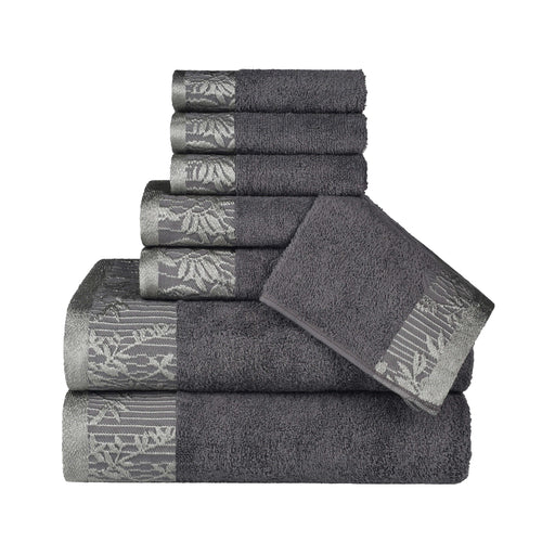 Wisteria Cotton 8-Piece Assorted Towel Set with Floral Bohemian Embroidered Jacquard Border -  Gray
