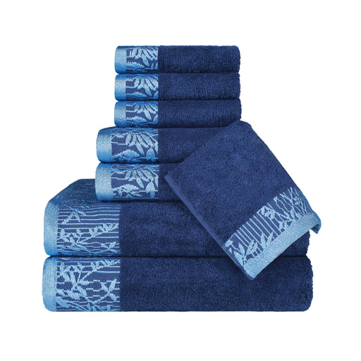 Wisteria Cotton 8-Piece Assorted Towel Set with Floral Bohemian Embroidered Jacquard Border -  Navy Blue